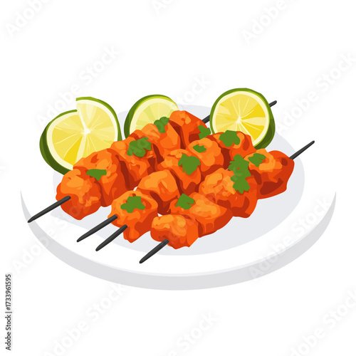 2D flat vector illustration of a Chicken Tikka in icon style, isolated on white background