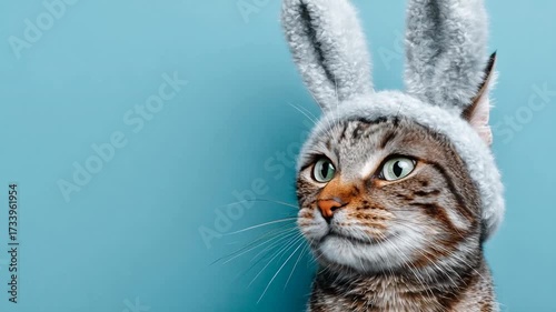 Cat wearing bunny ears blue background