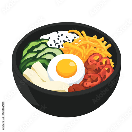 Flat 2D Bibimbap illustration, vector graphic in icon style, on white background