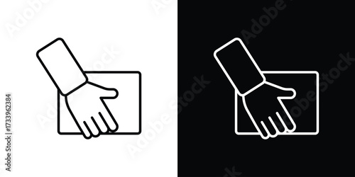 Hand holding box icon outline pictogram isolated on white. Vector Icon shape.
