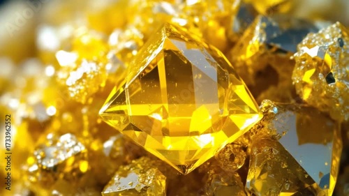 Close-up of a brilliant yellow gemstone surrounded by smaller sparkling crystals, showcasing its facets and vibrant color.