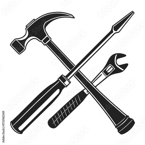 Crossed Hammer and Adjustable Wrench with Screwdriver Silhouette on White Background Keywords: tool, hammer, wrench, screwdriver, crossed, silhouette, black and white, illustration, graphic