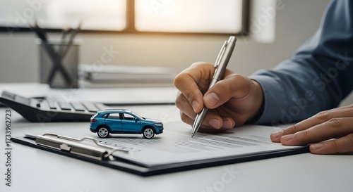 Close-up of a hand signing a vital document, likely a car insurance policy or vehicle purchase agreement, with a miniature car on the desk