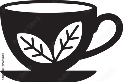 Black silhouette of a teacup with leaves and no steam