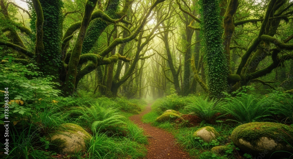 Naklejka premium Enchanting forest path winds through ancient moss-covered trees creating a mystical green tunnel. Lush ferns carpet the floor while twisted branches form natural arches overhead.