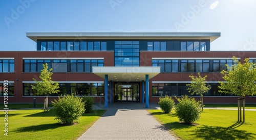 Modern brick and glass building with contemporary design featuring red brick walls, blue-tinted glass panels, and prominent entrance canopy. Paved walkway leads through landscaping.