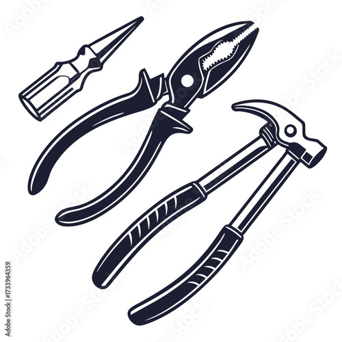 Set of vintage style hand tools including pliers, a hammer, and a pointed awl on a white background Keywords: pliers, hammer, awl, tool, hand tool, vintage, retro, workshop, DIY, construction
