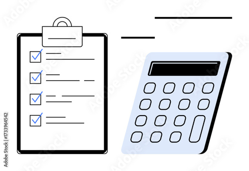 Clipboard with completed checklist and digital calculator displaying buttons. Ideal for productivity, organization, financial planning, budgeting, auditing, analysis, task tracking. A simple flat