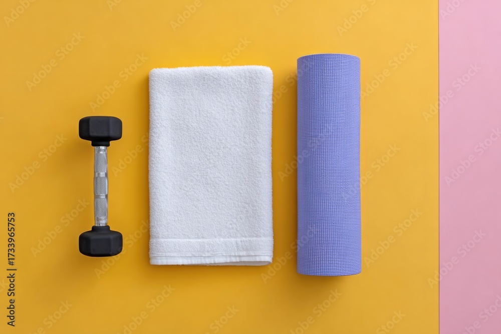 Obraz premium Bright workout essentials arranged neatly on colorful background