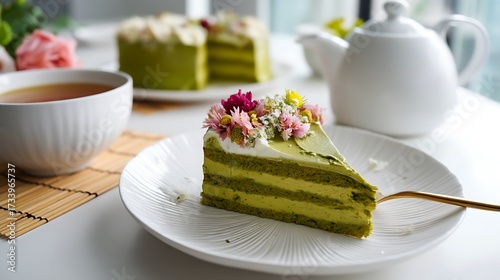 Wallpaper Mural a dish of a slice of matcha cake with flower decoration Torontodigital.ca