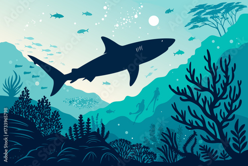 Depicting Shark Silhouette With Bold Ocean Colors Elegant High-Quality Stock Image
