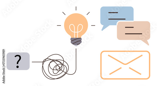Tangled line leads to glowing light bulb, speech bubbles, and envelope. Ideal for creativity, problem-solving, innovation, brainstorming, communication messaging clarity. Simple flat metaphor