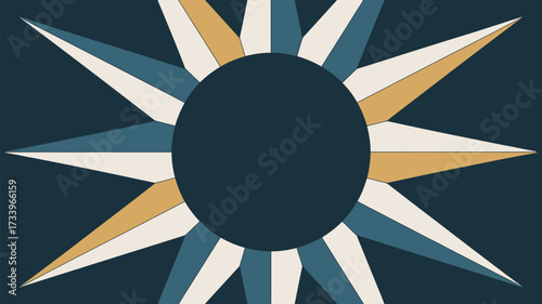 Abstract design featuring a dark circle surrounded by geometric shapes in blue white and gold hues