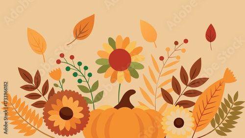 Autumn fall foliage with sunflowers and pumpkins
