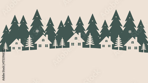 A winter scene with houses and evergreen trees in a simple flat design vector illustration style art