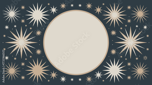 A beige circle surrounded by various sized stars on a dark blue background with a retro design style