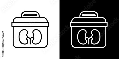 Vector icon illustration of human kidneys in medical container box in outline style black and white version suitable for organ donation transplant and healthcare design
