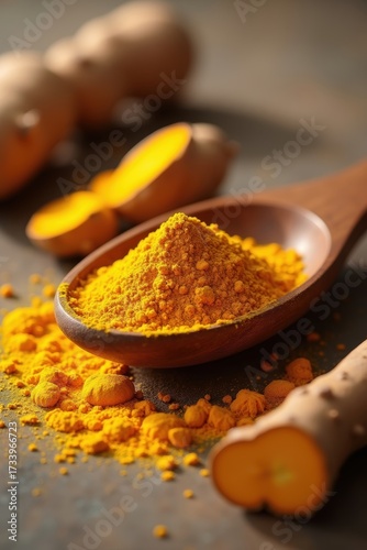Turmeric powder spices in wooden spoons