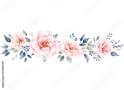 Watercolor floral arrangement of pink roses with blue leaves Isolated on transparent background