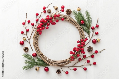 Rustic Christmas wreath with berries and pinecones on white background