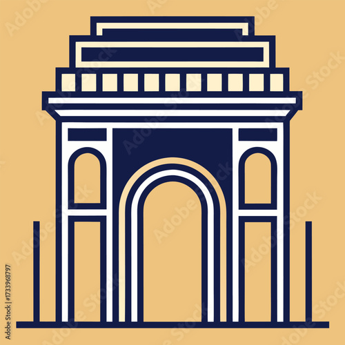 India gate monument in new delhi, india, in a minimalist flat design style