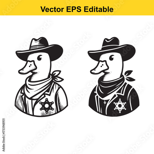 Two cowboy ducks wearing hats and bandanas, isolated on white background