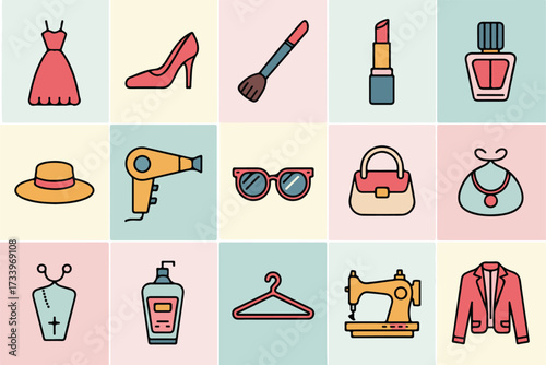 Collection of fashion and beauty icons representing accessories and cosmetic items