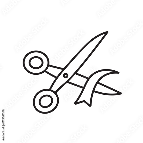 A vector icon of scissors cutting a ribbon, symbolizing store opening or holiday sale launch, created in line style with editable stroke