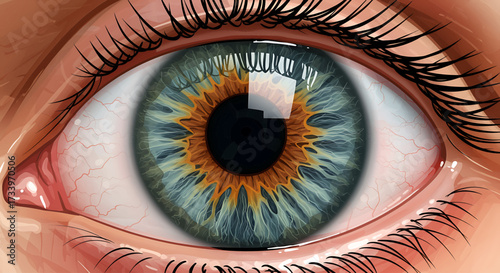 Close-up of a human eye with a blue and brown iris, showing detailed eyelashes and skin texture.