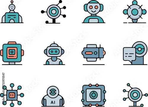 Collection of vector icons depicting robotics and artificial intelligence technology concepts