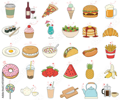 Collection of 30 cute flat style food and drinks icons including meals, desserts, beverages, fruits, and kitchen items. Perfect for menu design, social media, and packaging.
