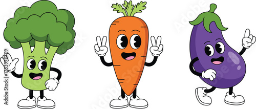 Adorable cartoon veggies bring healthy fun to kids' menus and educational materials with a happy broccoli, carrot, and eggplant trio