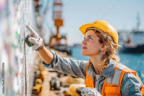 Young Woman Wearing Hard Hat and Safety Vest Showing Interest While Working on Industrial Site Near Water, Focusing on Construction and Detailing Procedures