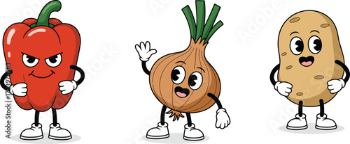 Cartoon vegetables show off retro style with a sassy red pepper, friendly onion, and happy potato, perfect for vintage kitchen decor and food education