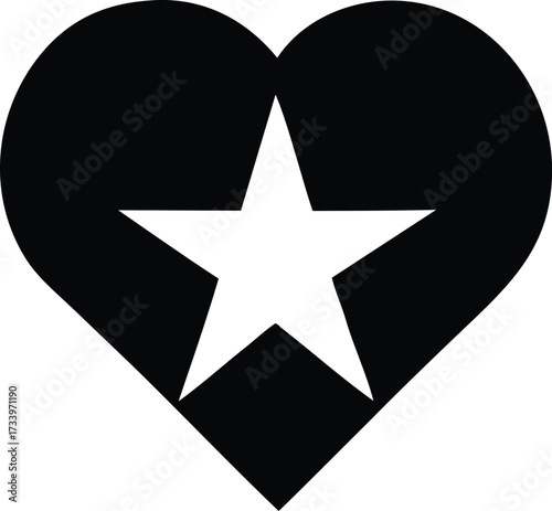 Bold black heart enclosing a bright white star symbolizing love and guidance iconic simple graphic design element