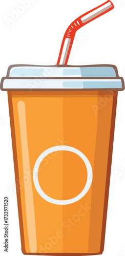An orange soft drink or soda in a disposable cup with a straw. A simple vector icon for fast food and beverages. Generative AI