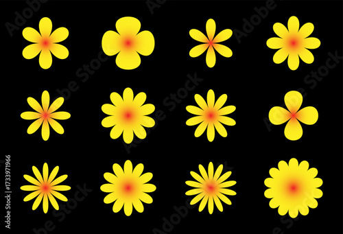 Yellow Flower Illustration Set – 3x4 Grid of Stylized Floral Designs with Red Centers on Black Background for Decorative and Digital Art