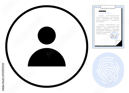 Simplified person icon, signed document, and fingerprint concept. Ideal for identity, authentication, consent, security, privacy digital signature online verification. Simple flat metaphor