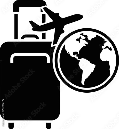 Travel suitcase with airplane and earth globe icon. Concept of world trip and tourism. Vector illustration for travel agency website design