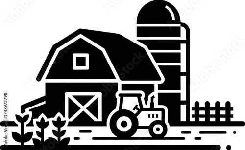 Black and white farm icon with barn, silo, tractor, crops, and fence, representing agriculture and rural life. Farm vector illustration