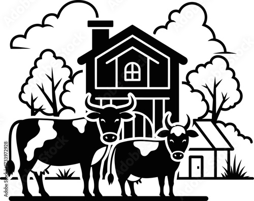 Cow with calf standing rural landscape farm scene. Concept of cattle farming, milk production, ranch life. Vector illustration for design element
