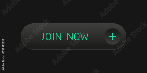 Modern CTA button with shine, "Join now" text, plus icon, 3D effect, web UI element for landing pages, mobile apps or banners.