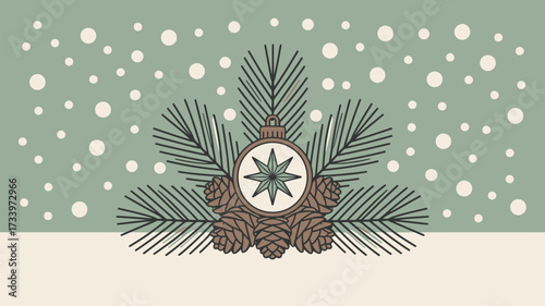 A christmas ornament with pine cones and branches on a snowy background in a simple illustration style