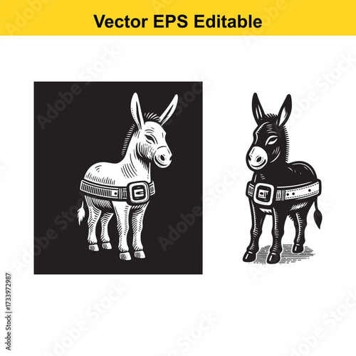 Vector illustration of a donkey with a belt, black and white