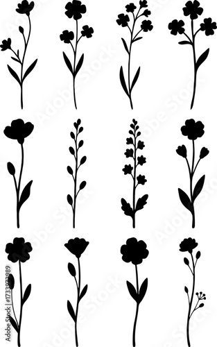 Black Flower Silhouette Set – 3x4 Grid of Stylized Floral Designs for Botanical, Decorative, and Digital Art Projects