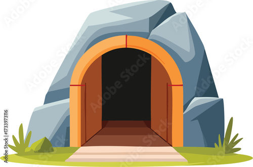 The entrance to a dark cave or tunnel made of gray stone. An isolated vector illustration for game design and adventure concepts. Generative AI
