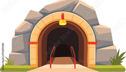 A cartoon illustration of a stone mine entrance or tunnel with a railway track. A vector for concepts of mining, adventure, and games. Generative AI