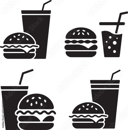 Fast food icons set with burgers pizza drinks and desserts