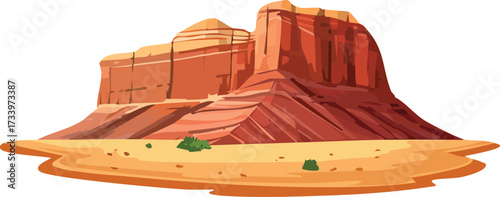 A vector illustration of a red rock butte or mesa, typical of desert landscapes like Arizona or Utah. A concept for travel and nature. Generative AI