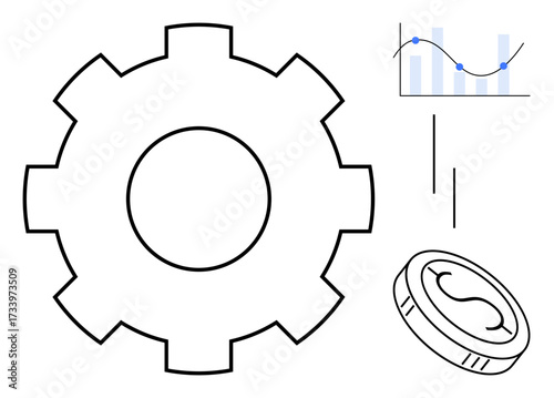 Large gear representing process and productivity, falling coin symbolizing financial growth, and line graph showing trends or analysis. Ideal for business, growth, investment, efficiency, innovation